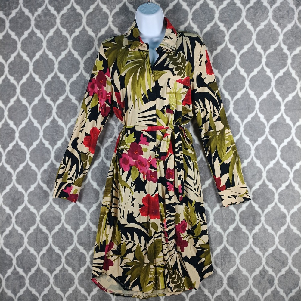 Tommy Bahama Dress Size Medium Floral Long Sleeve Belted Tropical Resort Stretch